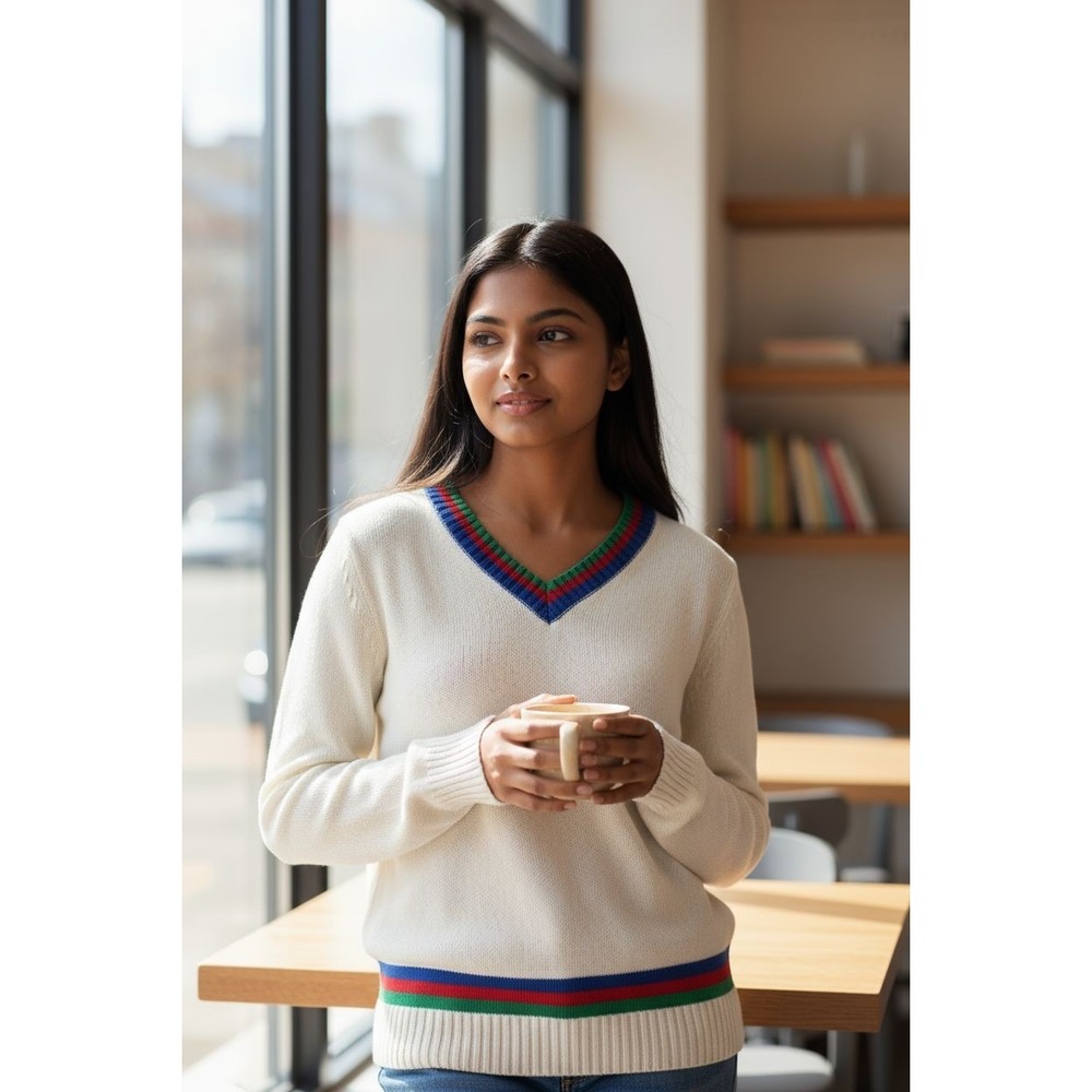 POL V-Neck Sweater, Cream with Multicolor Neckline‎  M